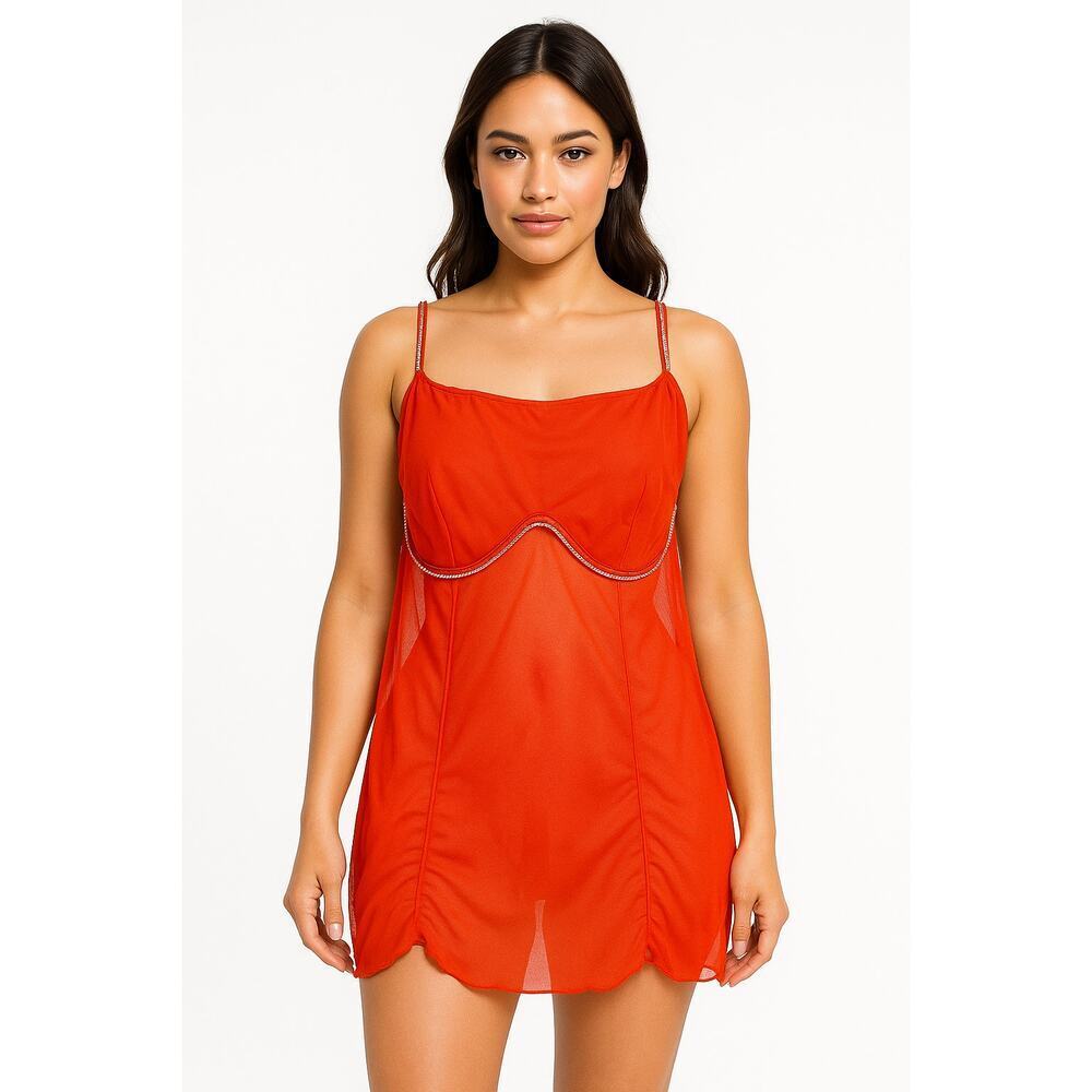 Auden Intimates Sheer Red Rhinestone-Trim Babydoll Lingerie Top (XXL)